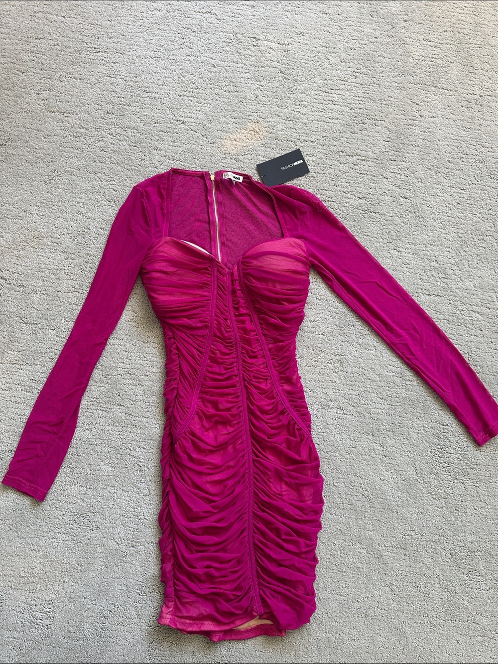 Fashion Nova Fuchsia Ruched Long Sleeve Mesh Bodycon Dress